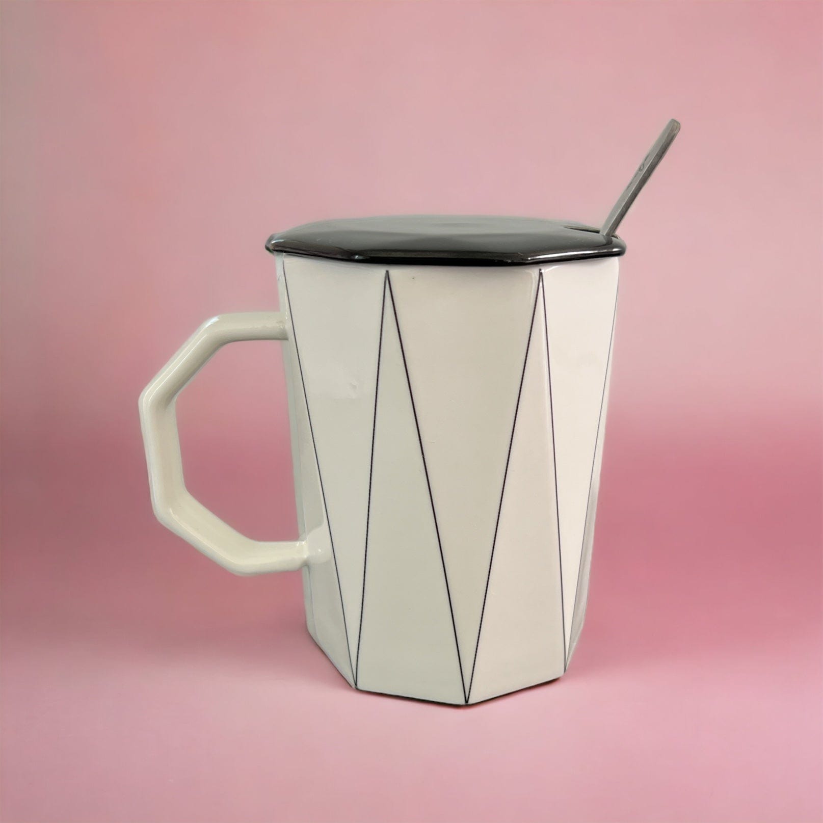 Tasse en céramique géométrique blanche " Simple Life" avec cuillère en métal et couvercle céramique - Design moderne - 250 ml Al-imen Décoration 9782492025358 Librairie Musulmane Al-imen