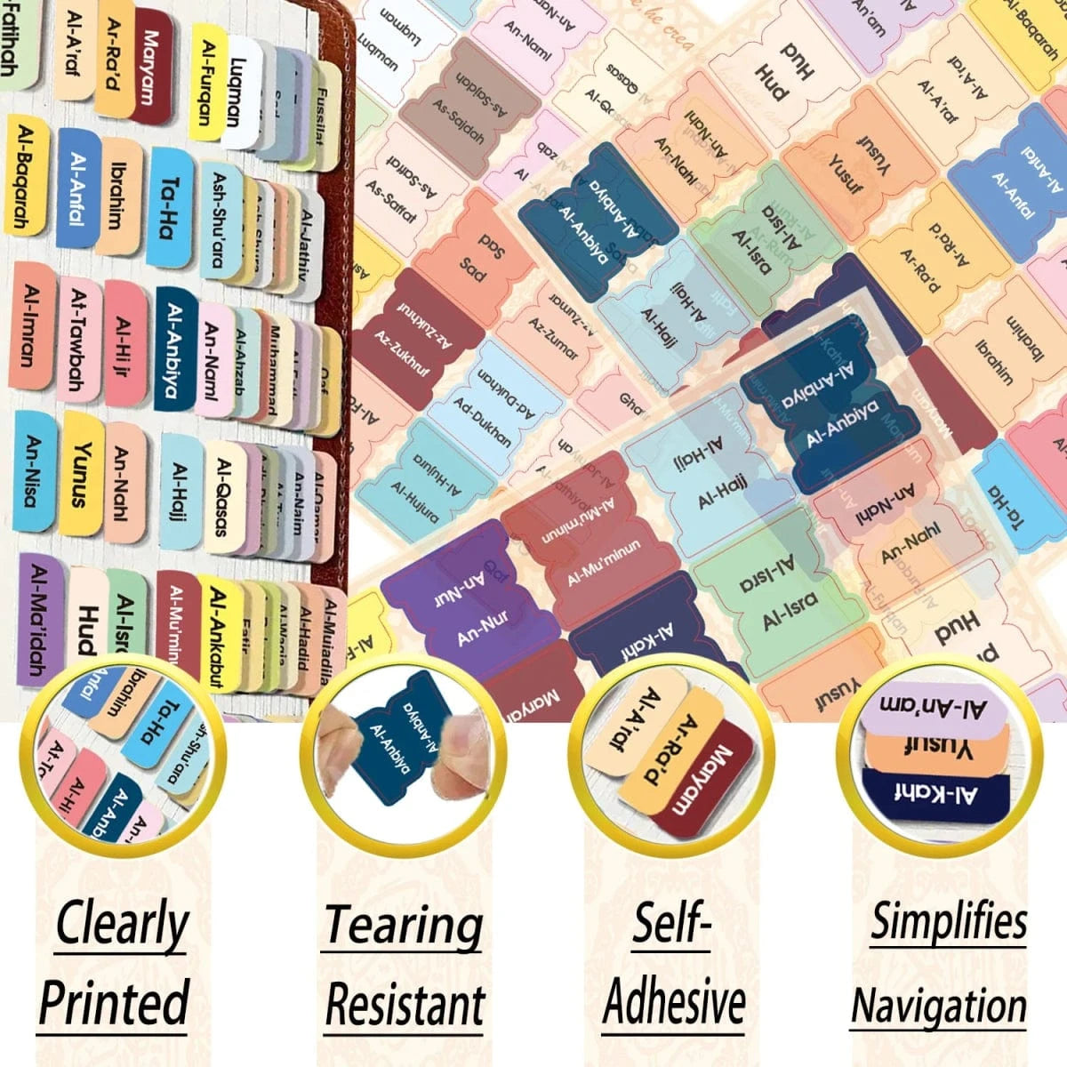 125 Onglets du Coran Laminés – 114 Sourates + 11 Vierge | Onglets d’Index, Étiquettes, Marque-pages pour Livre du Coran Al-imen MULTI Librairie Musulmane Al-imen