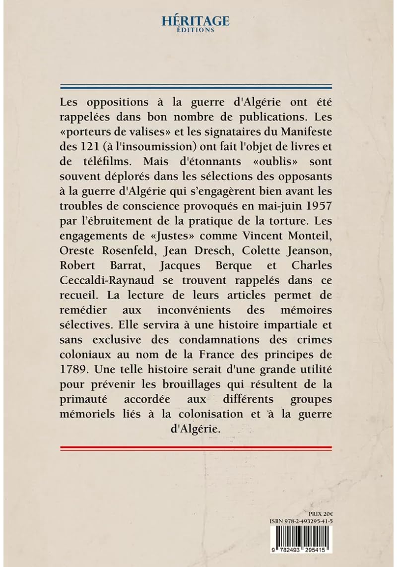 L'anticolonialisme en France pendant la guerre d'Algérie par Sadek Sellam - Éditions Heritage - Couverture Verso du Livre