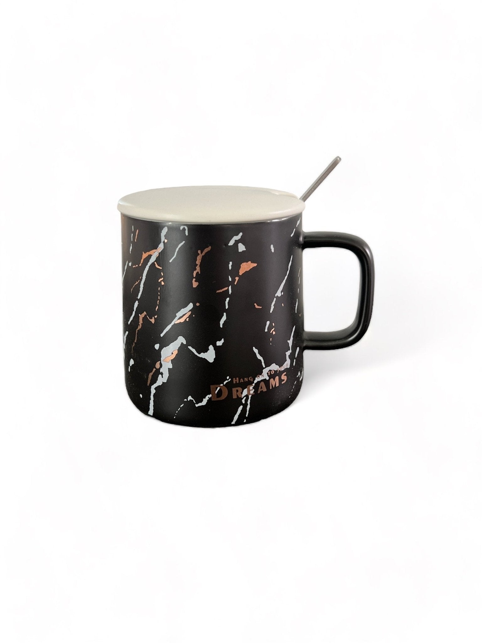 Tasse en céramique effet marbre avec cuillère en métal et couvercle céramique - Mug Moderne et élégant - 250 ml Al - imen