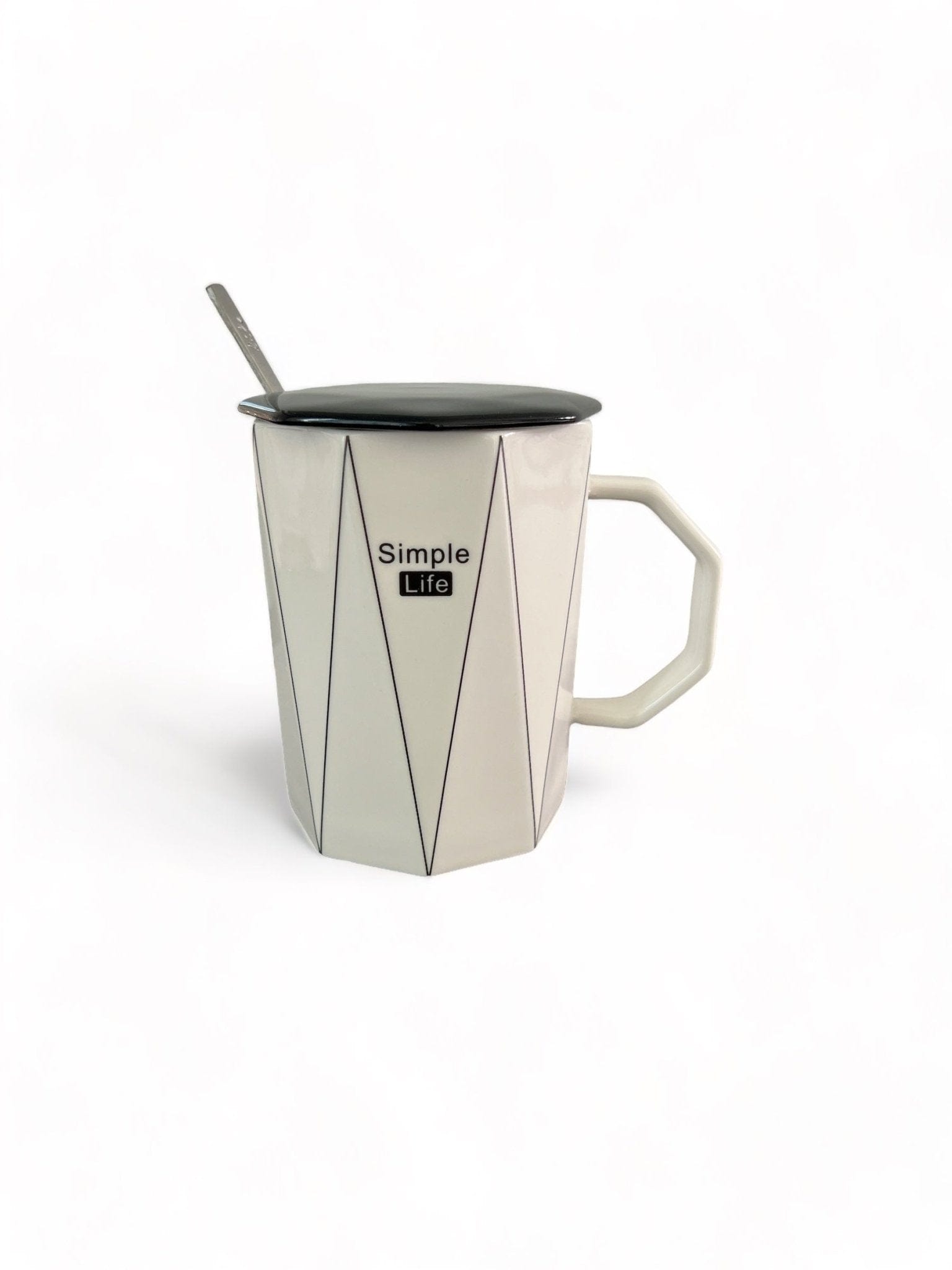 Tasse en céramique géométrique blanche " Simple Life" avec cuillère en métal et couvercle céramique - Design moderne - 250 ml Al-imen Décoration 9782492025358 Librairie Musulmane Al-imen