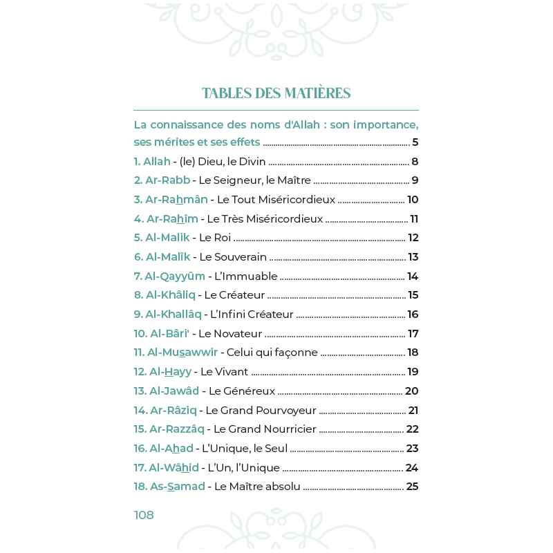 99 Noms D’Allah Tirés Du Coran Et De La Sunna Table des matières